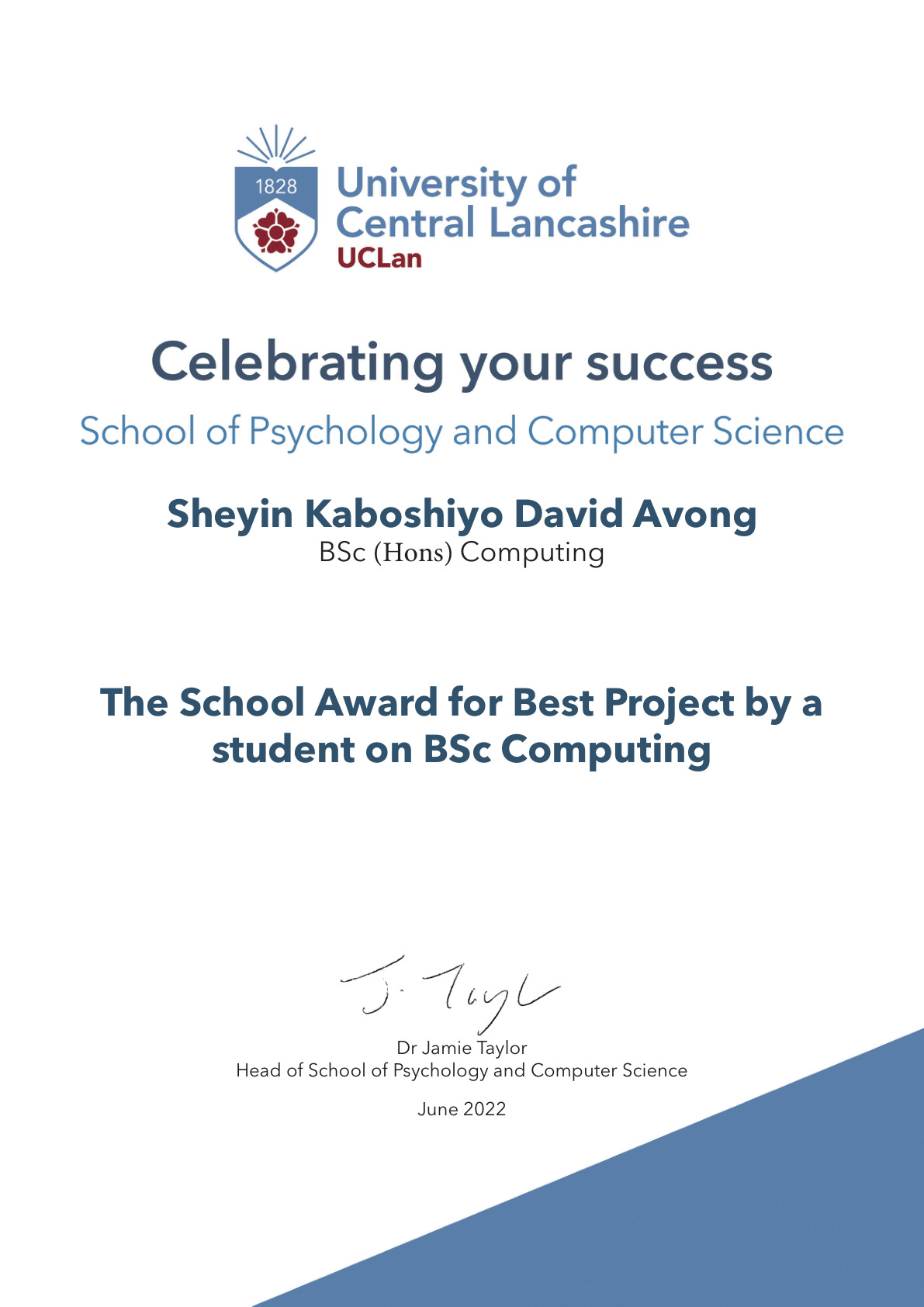 Best Project Award – BSc Computing (preview)