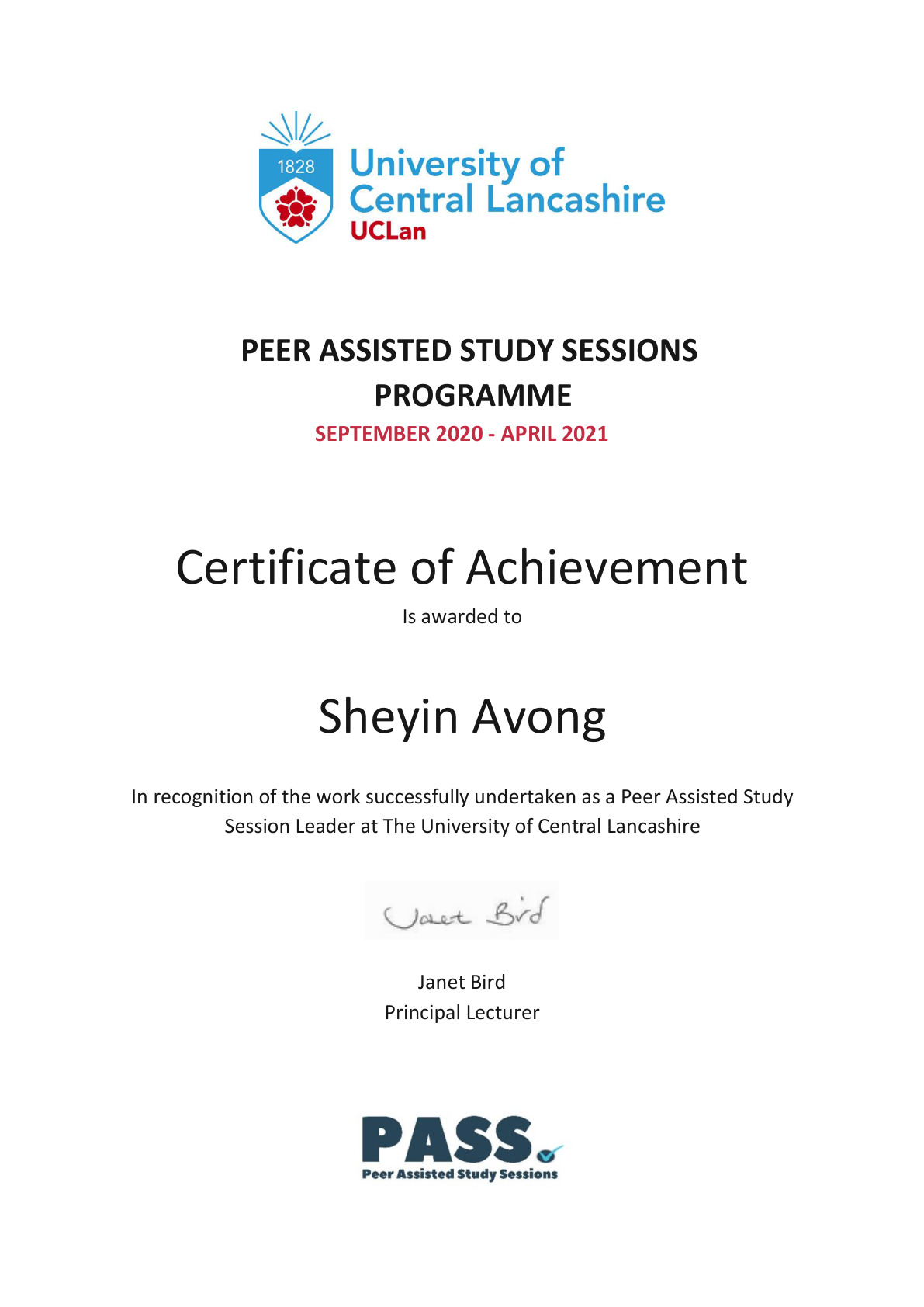 Peer Assisted Study Leader (PASS) certificate preview